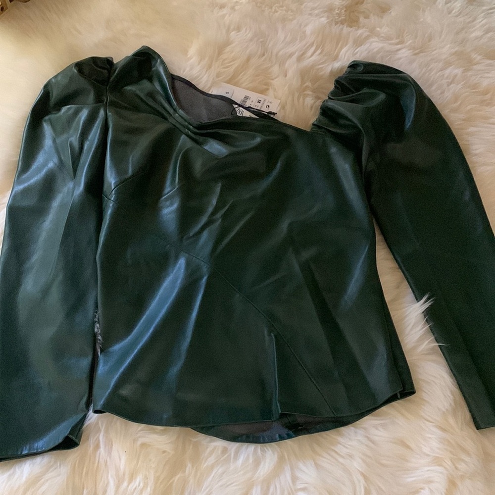 Zara faux leather asymmetric neck puff sleeve blouse/ top matching pants